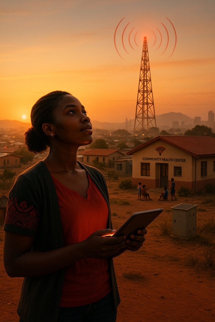 A young woman holds a tablet beneath a Spearnet tower outside a community health centre at sunset