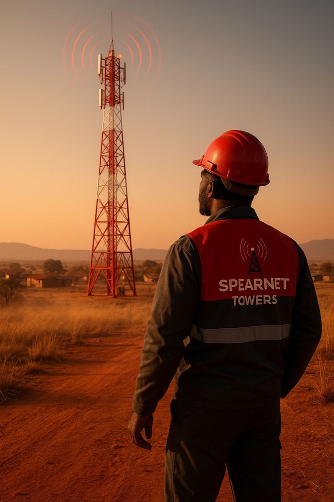A Spearnet Towers technician in branded gear surveying a tower at dusk